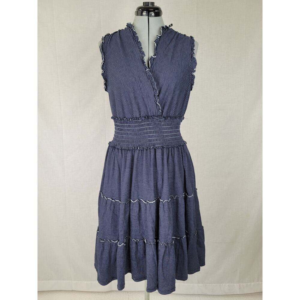MAX STUDIO Sleeveless Short Smocked Dress Blue & White Striped Sz L MSRP: $98